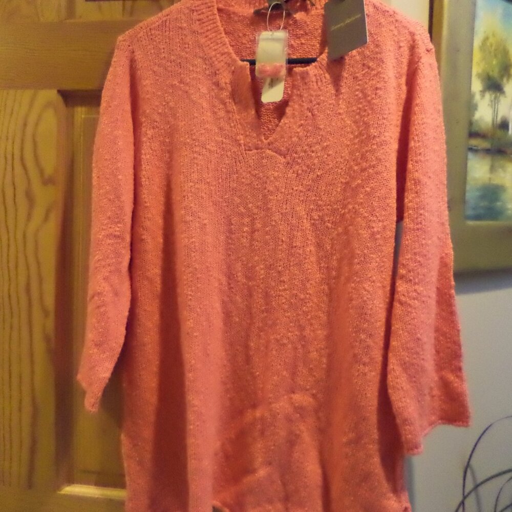 TOMMY BAHAMA Sweater ~Tangerine Orange~ Open V-Neck 3/4 Sleeve NEW with Tags $8